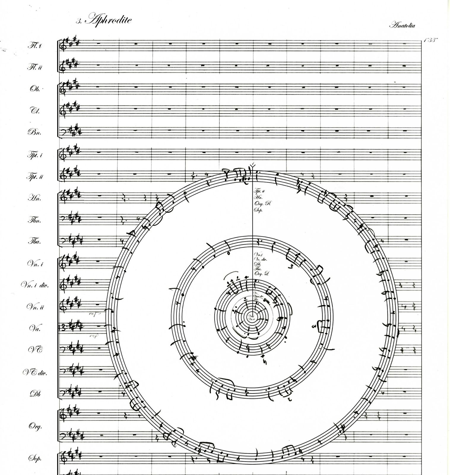 Orchestral score page titled Aphrodite with a spiral of nested circular staves at its centre