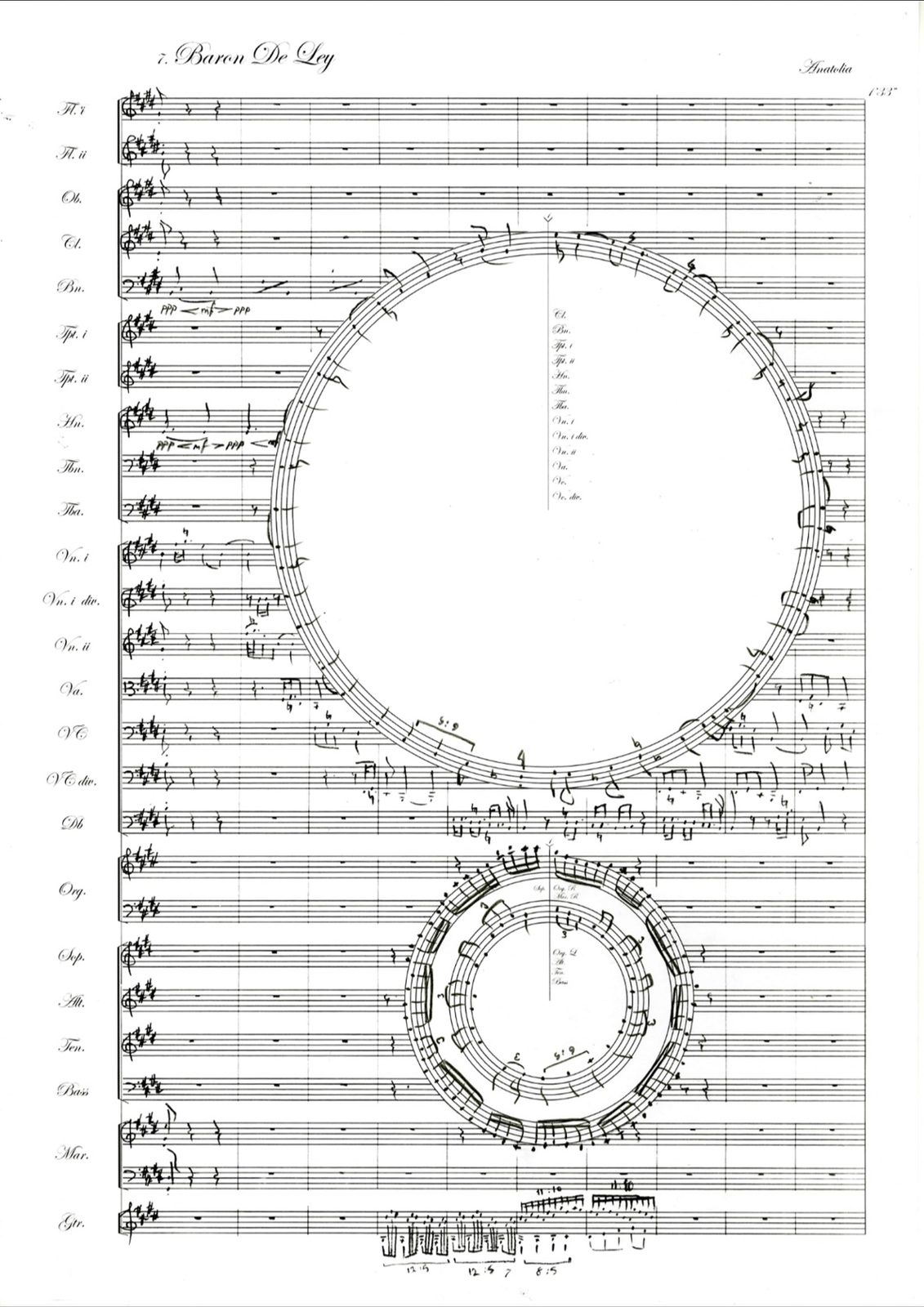 Score page titled Baron De Ley, with one large circle across winds and strings and a smaller double circle for the choir