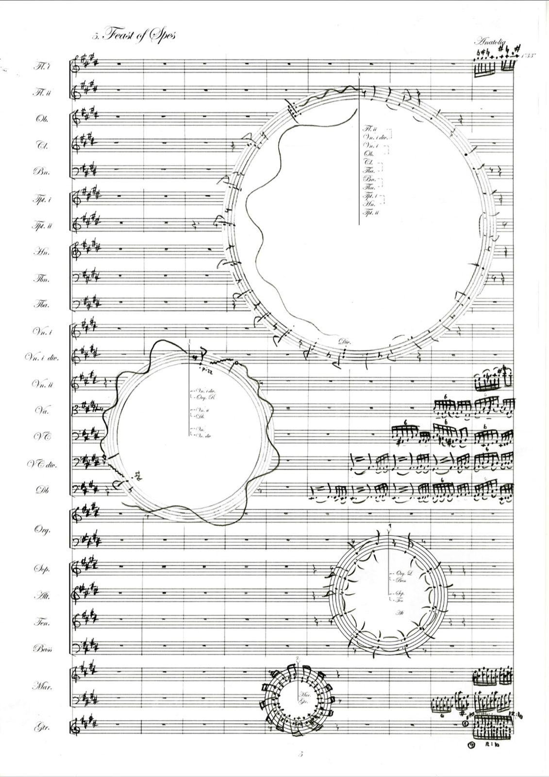 Score page titled Feast of Spes, with circular staves whose edges ripple in waves