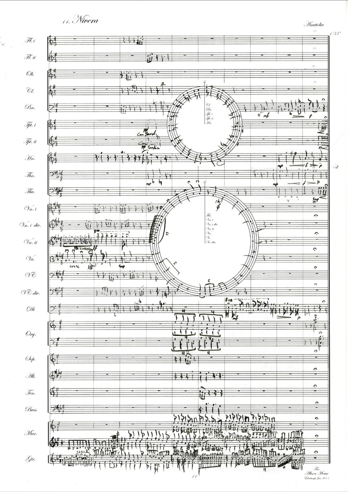 Final page of Anatolia, titled Nivera, with two circles and dense marimba and guitar writing, signed Alison House, Edinburgh, January 2015