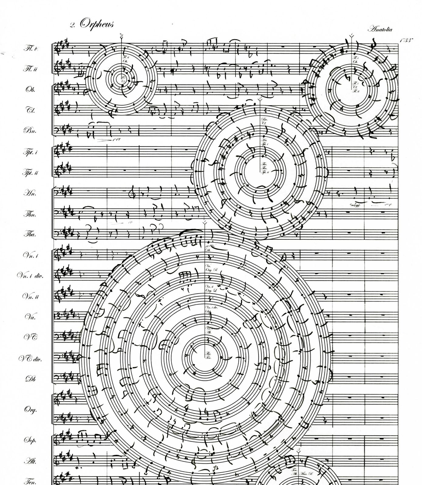 Orchestral score page titled Orpheus with several large circular staves embedded among the linear staves