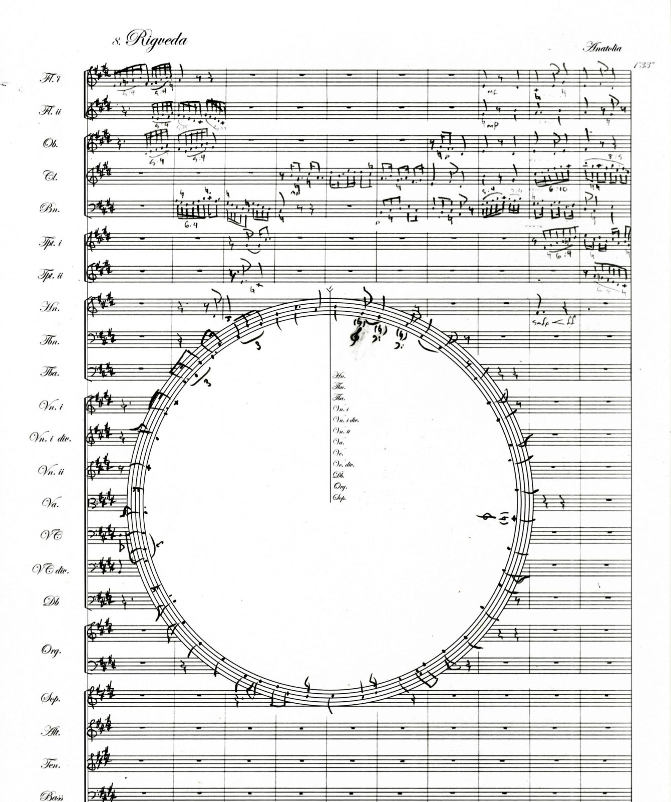 Orchestral score page titled Rigveda with one large circular stave across the strings and voices