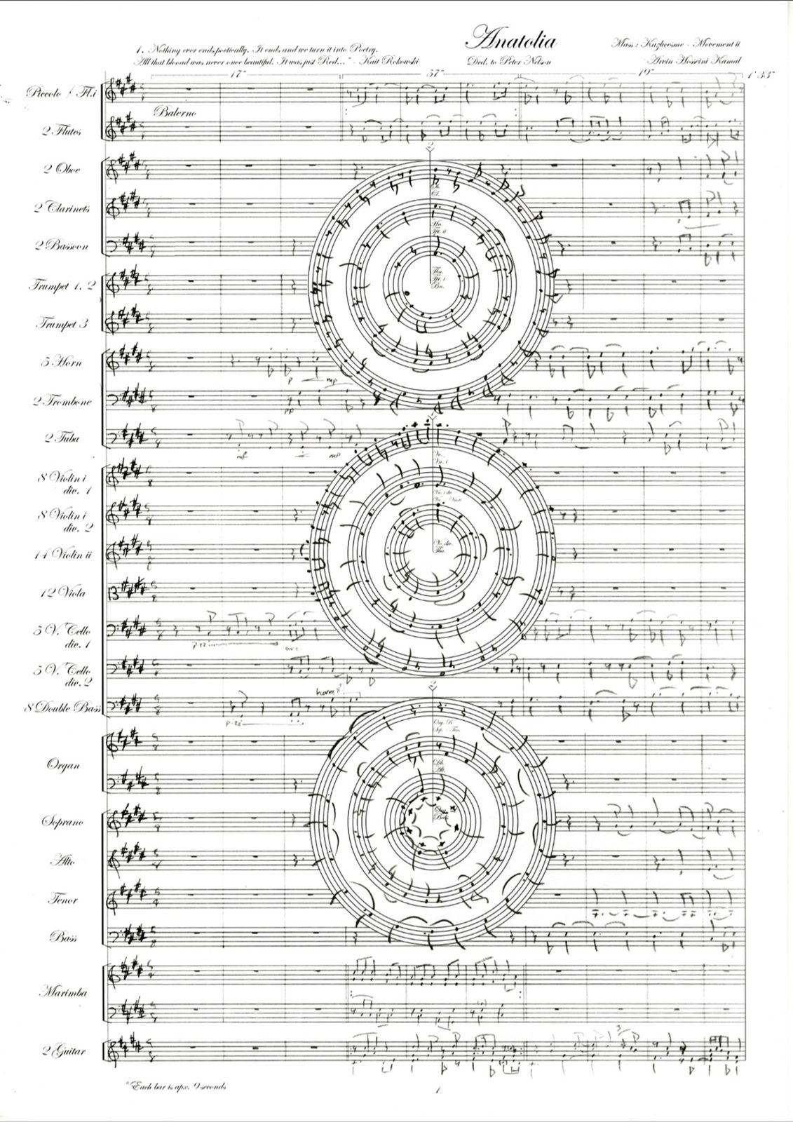Opening page of the orchestral score Anatolia, with three large circular staves stacked across the orchestra, choir, marimba and guitars