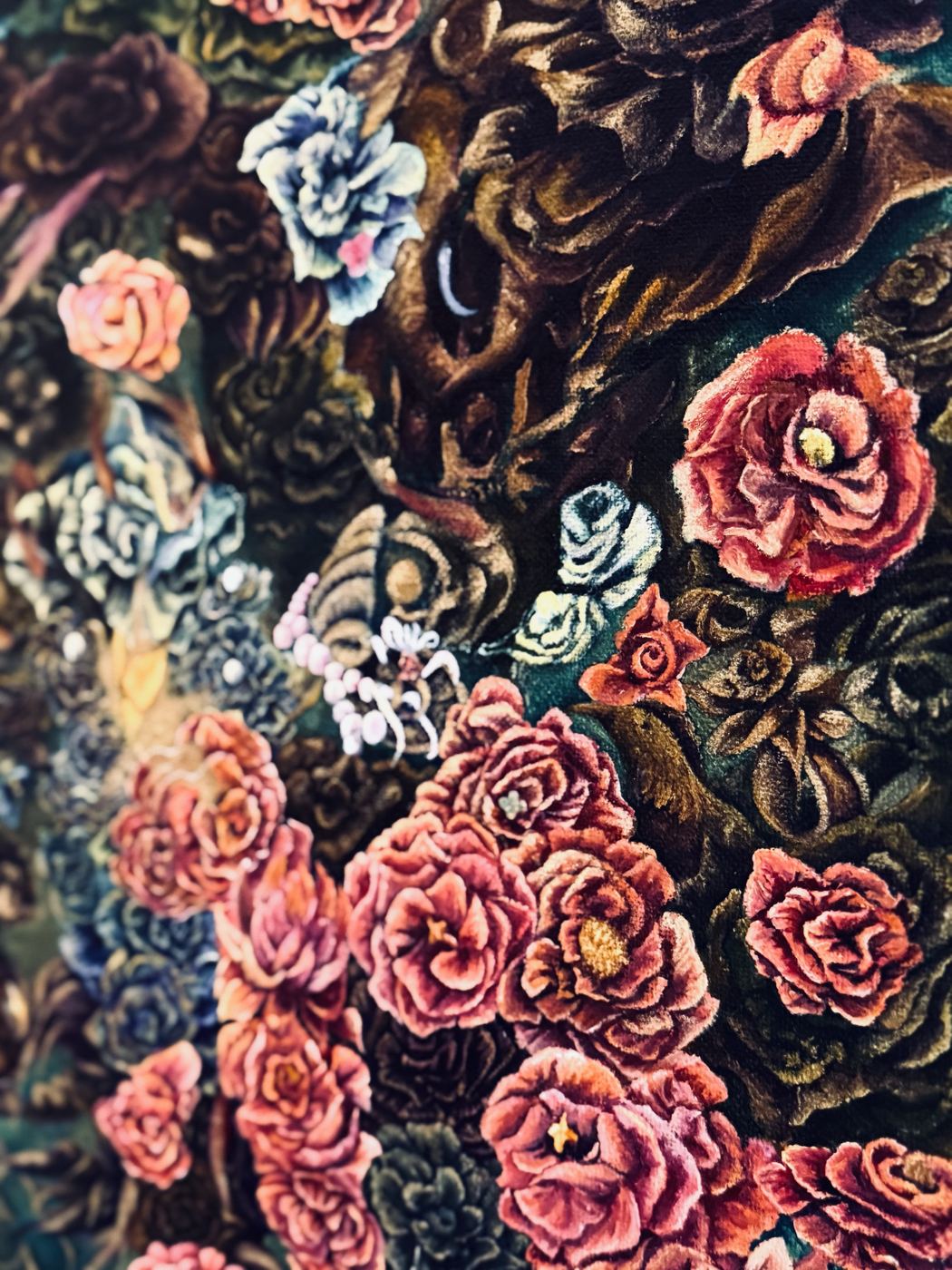 Fish Also Fly: dark, richly textured painting of roses in deep blues and pinks, with a full moon reflected in a pond