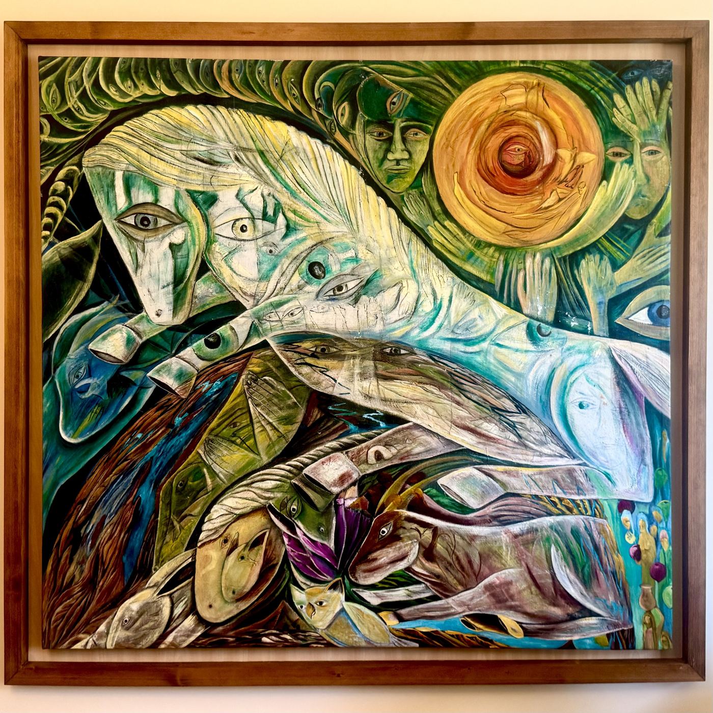 Roseanne: framed painting in greens of a mythic white horse with a golden spiral sun