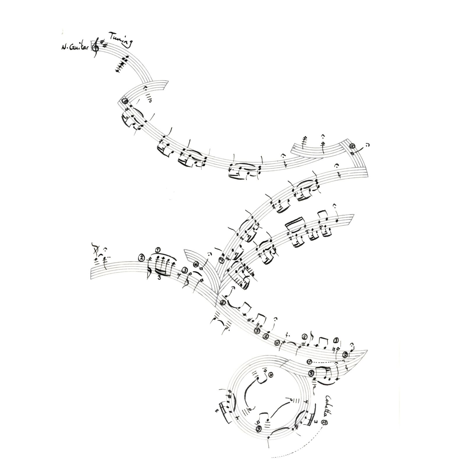 Guitar score with curving, branching staves that end in a circle, like a growing plant