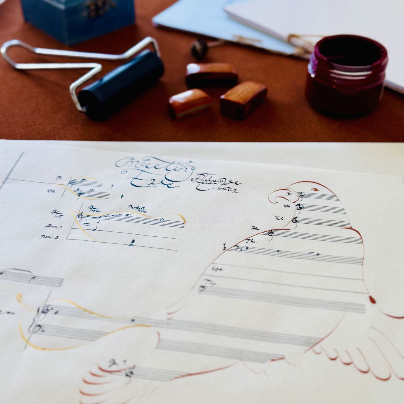 Hand-written orchestral score titled Meeting Eve, with a bird drawn in rust ink across the staves