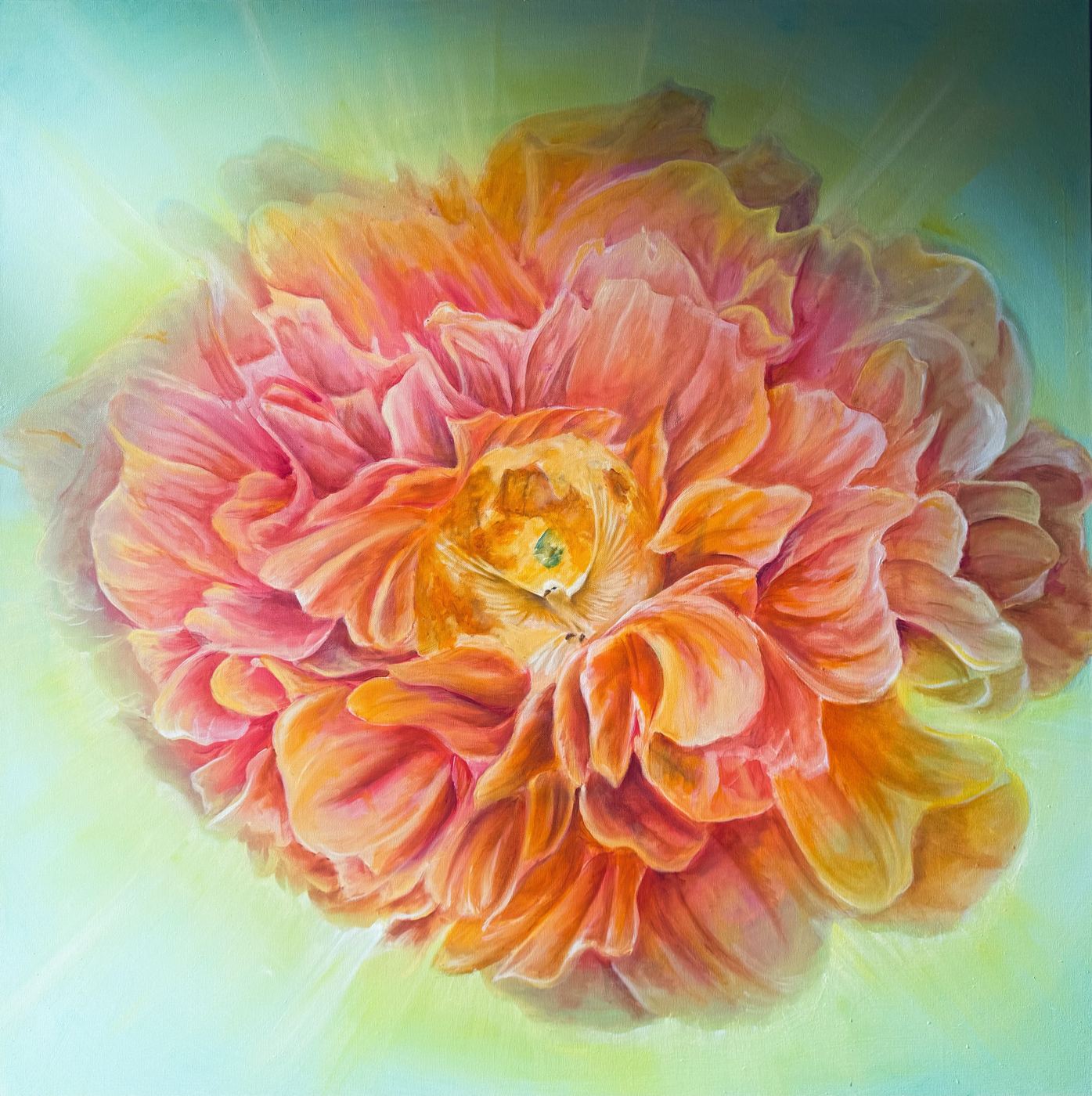 Oil painting of a vast amber and coral peony glowing against a pale green ground, with a bird at its heart
