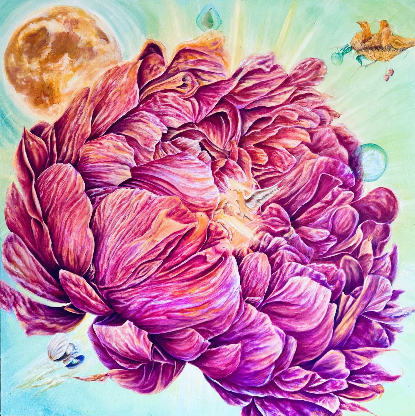 The Sacrifice: oil painting of a magenta peony beneath a great golden light, a bird flying into the light above