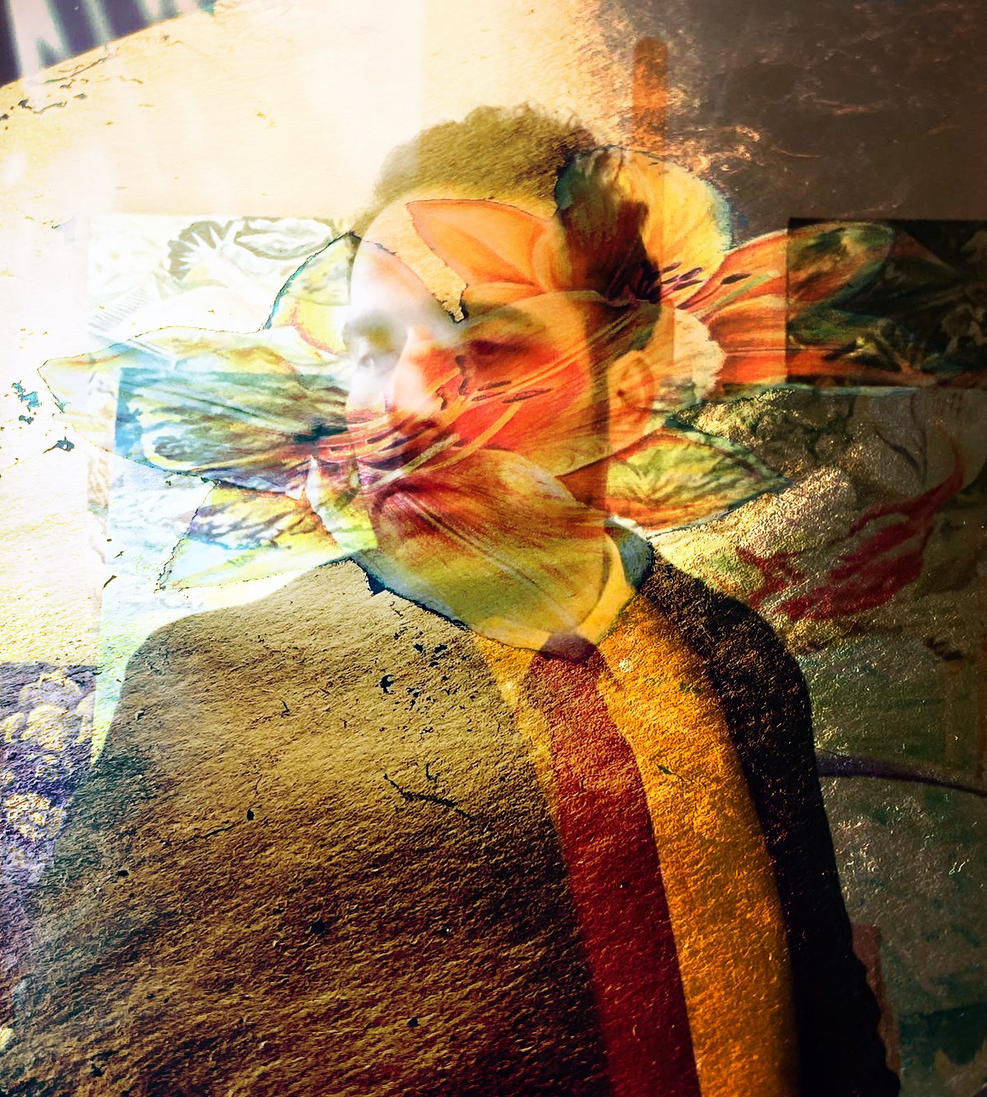 Double exposure: the artist in profile, merged with one of his orange flower drawings, over a textured gold and brown ground