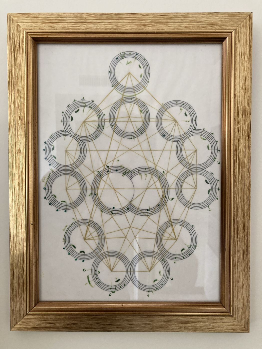 Framed score of thirteen circular staves linked by golden geometric lines