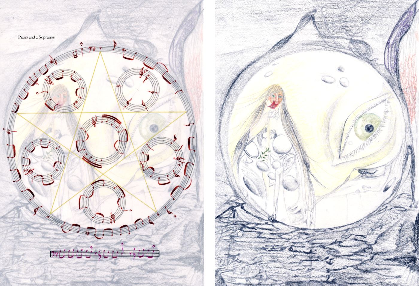 Diptych: a circular pentagram score for piano and two sopranos beside the drawing it is nested in, a figure within a great eye