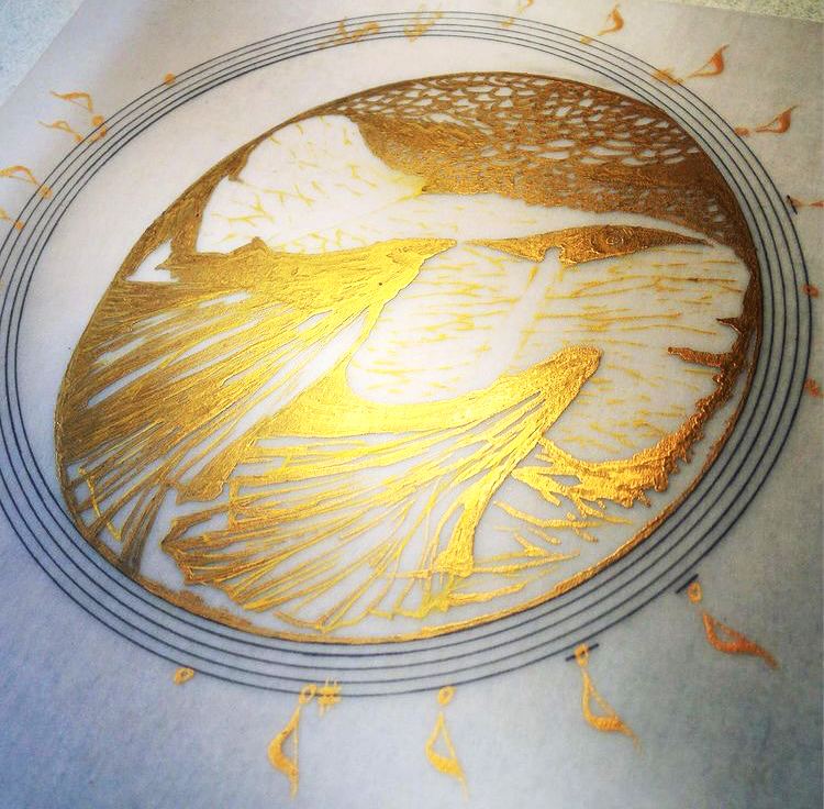 Gold ink drawing of birds inside a circular stave with orange notes around it