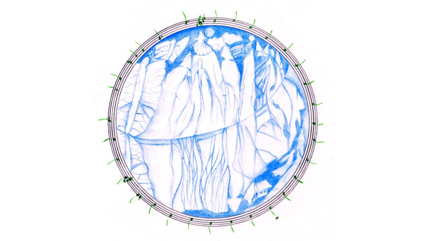 Blue pencil mountain landscape wrapped by a circular stave
