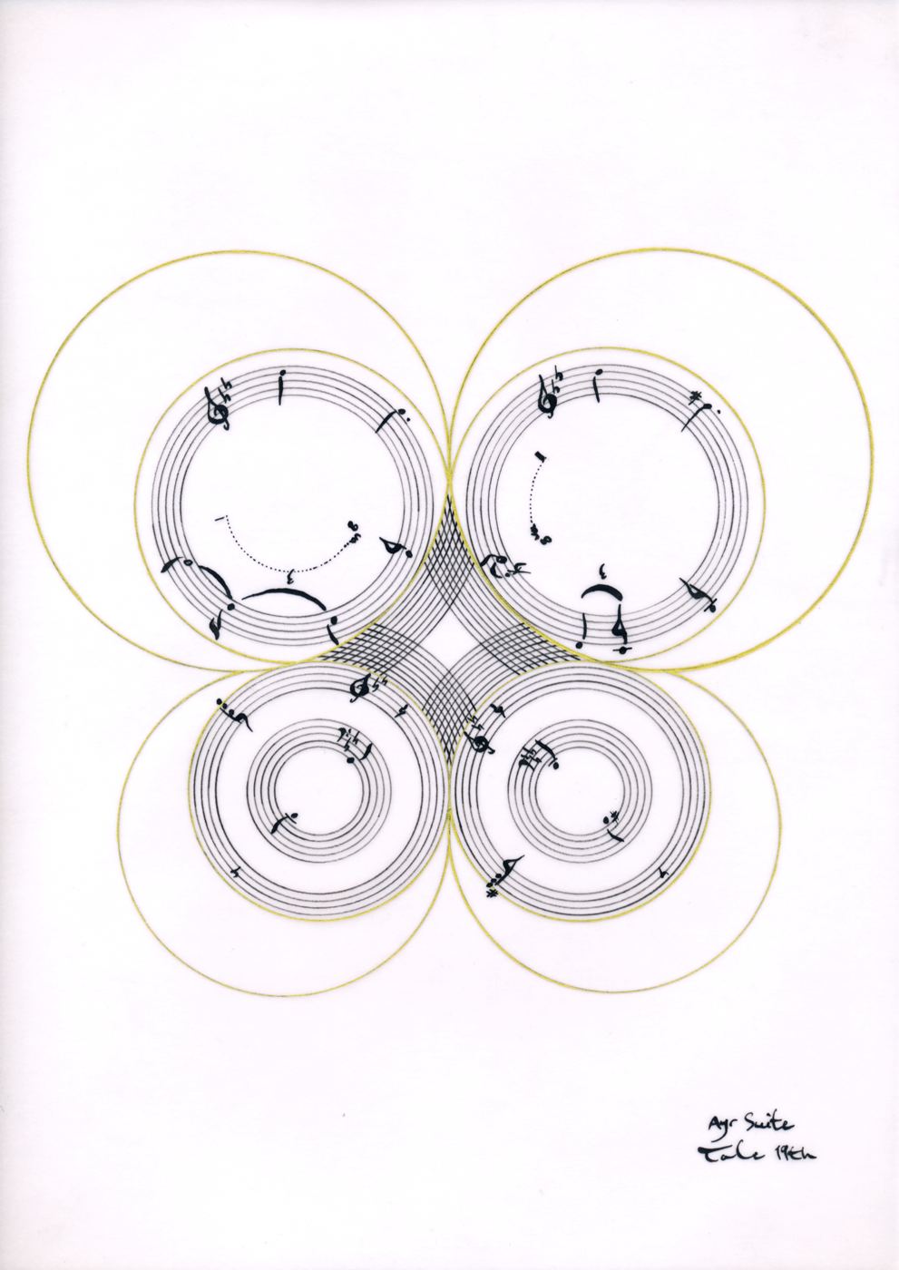 Four nested circular staves arranged on a golden pentagon