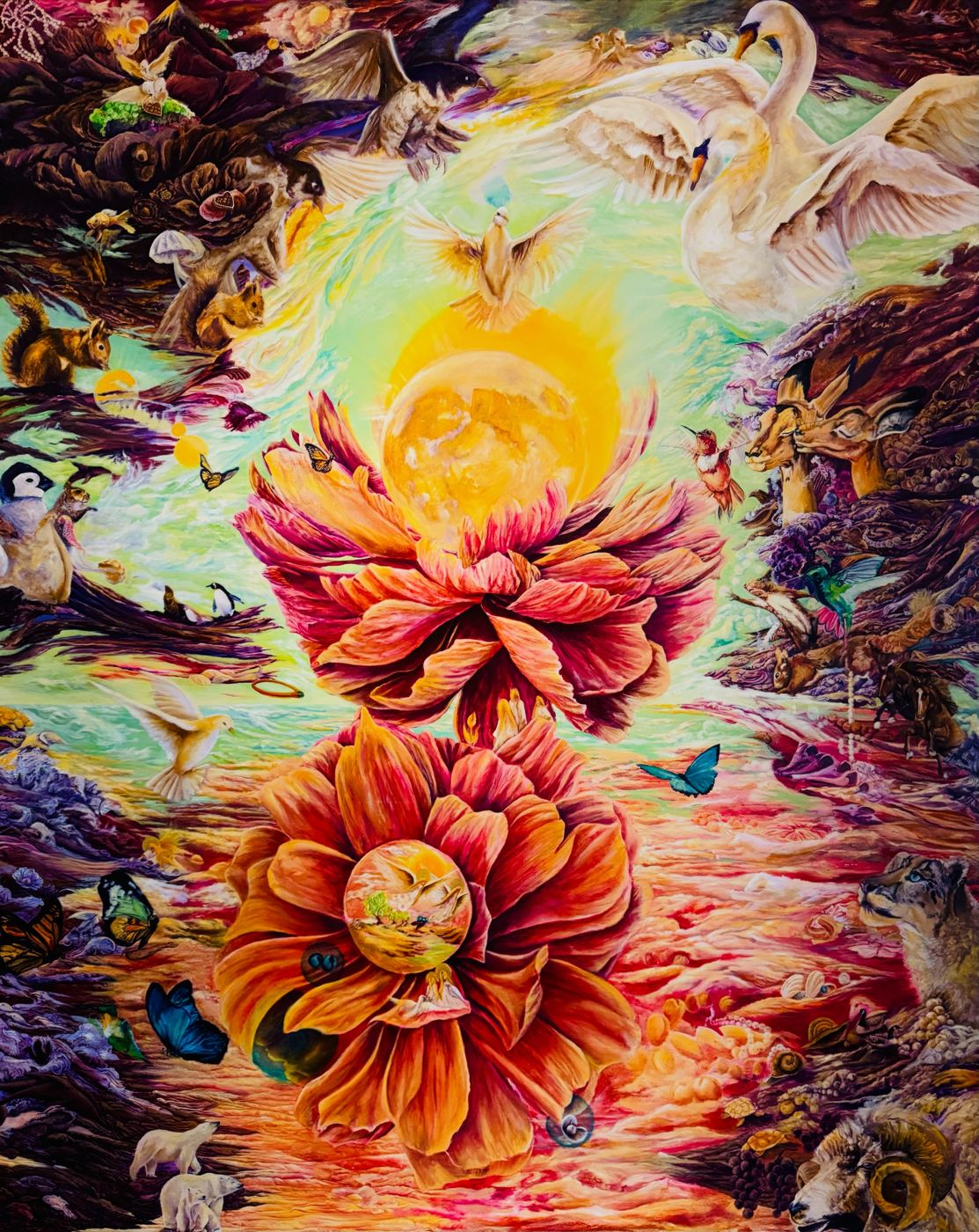 Oil painting of two great orange and magenta blossoms stacked vertically around a glowing golden sphere, surrounded by swans, doves, hummingbirds, a giraffe and a snow leopard in dark textured foliage