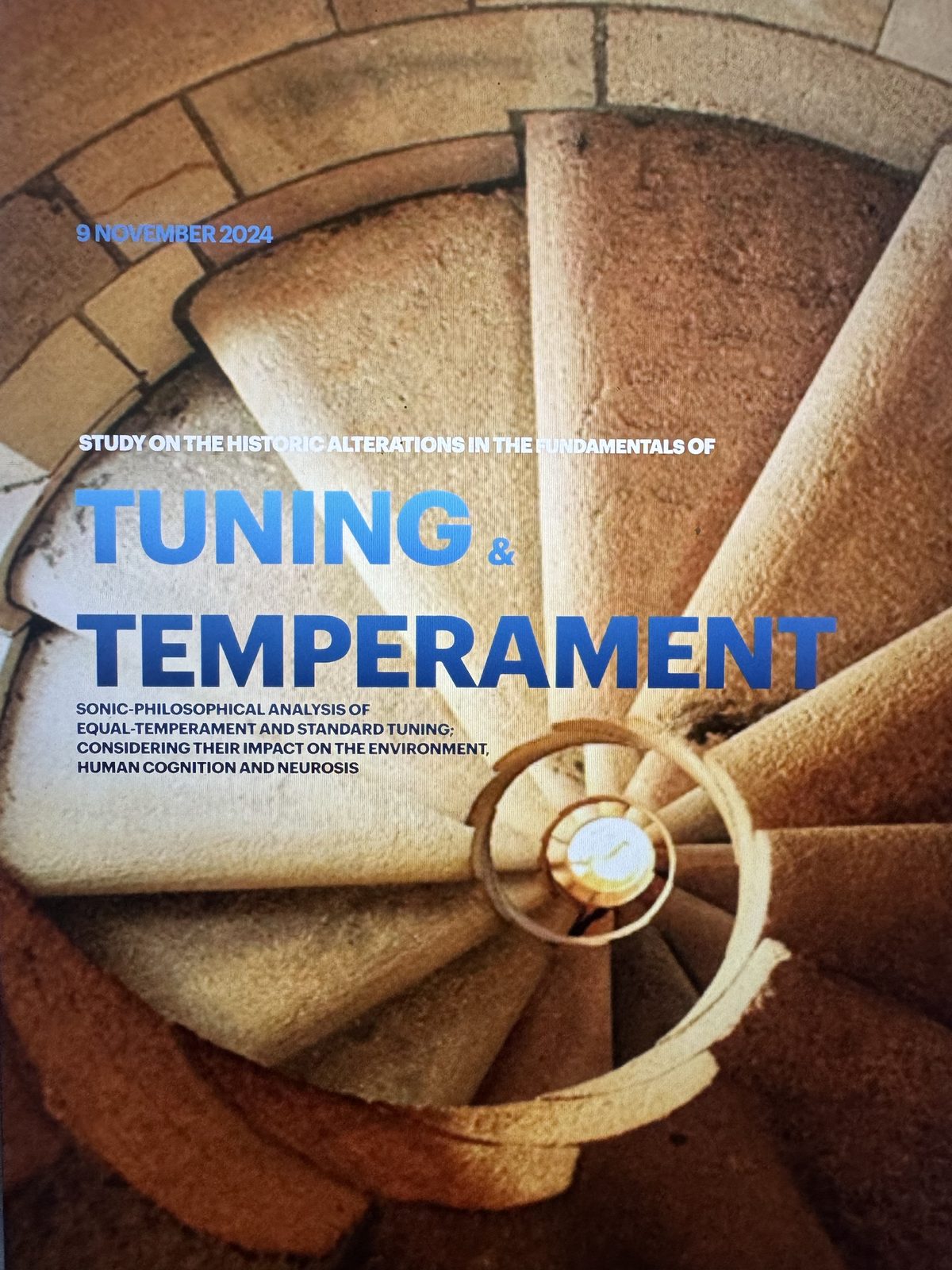 Cover: a stone spiral staircase seen from above, with the title Tuning and Temperament and the date 9 November 2024