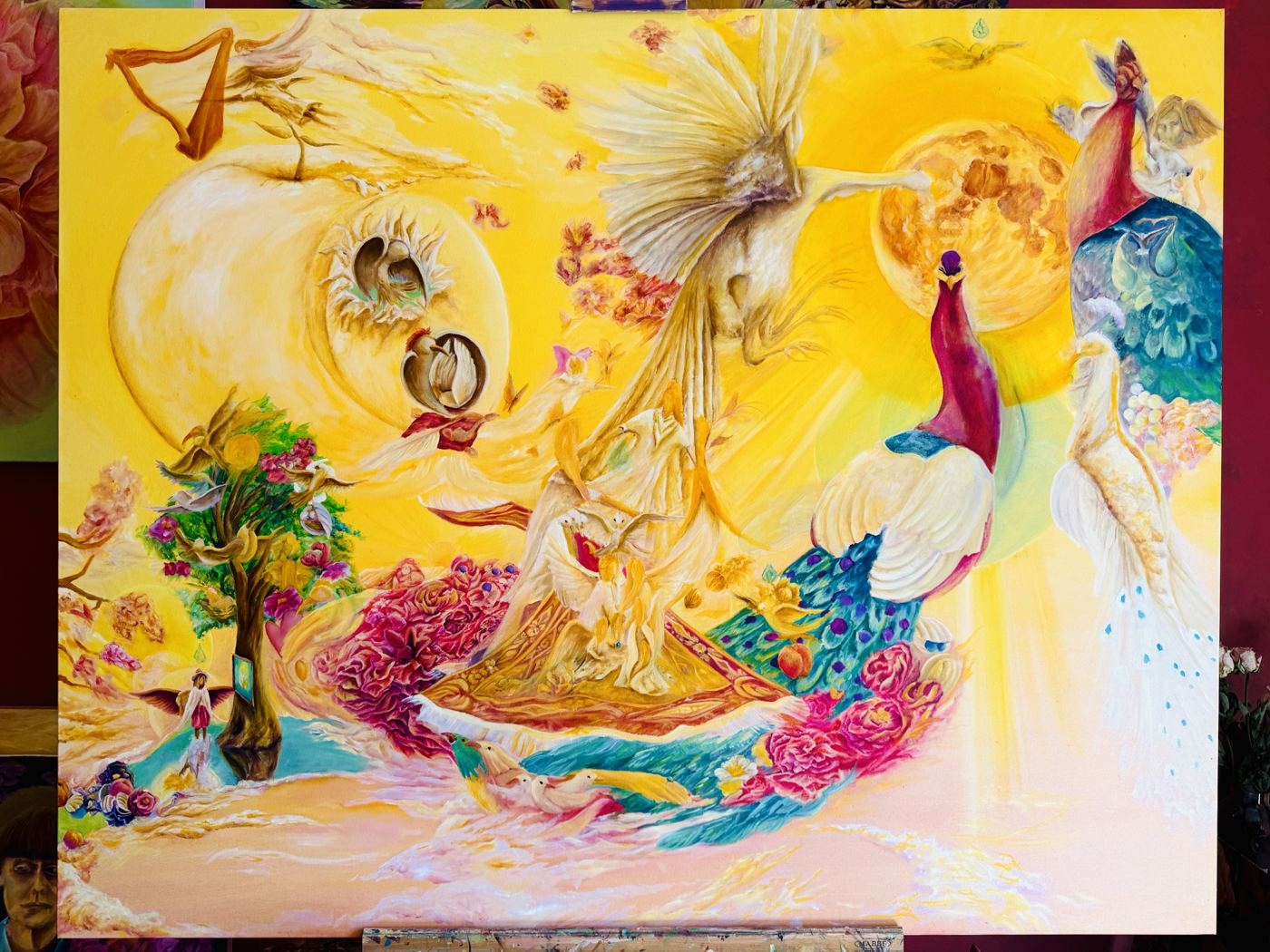 Bright yellow oil painting with a peacock, trees and flowing figures around a glowing sphere